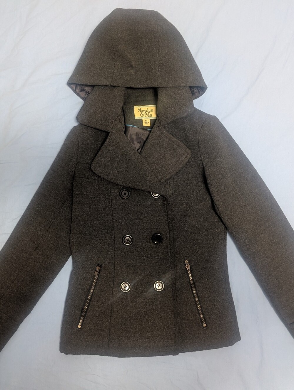 Maralyn & Me Womens Charcoal Grey Wool Blend Hooded Peacoat Jacket Size XS